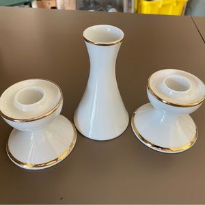 Antique Porcelain Vase & Candlesticks With Gold Trim